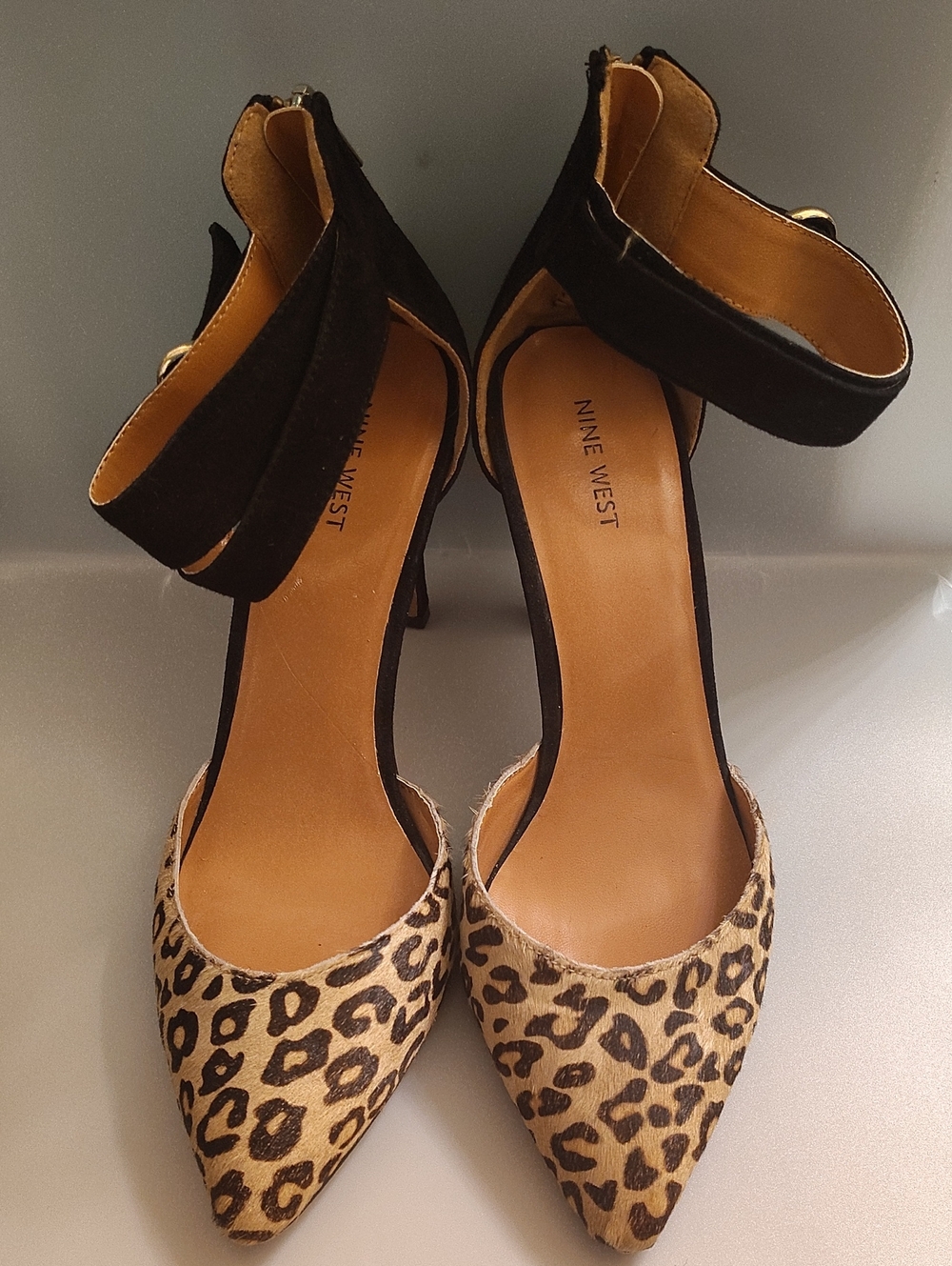 Nine West Leopard Leather Print Pointed-Toe Ankle Strap Heels - Black & Leopard